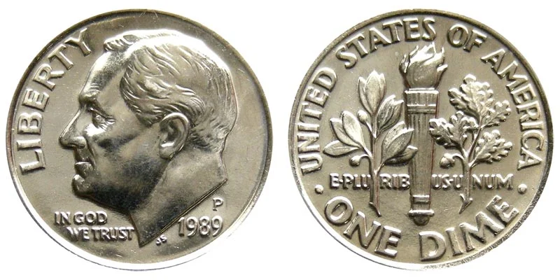 1989 dime reverse torch comparison: left shows incomplete band separation (non-Full Bands), right shows complete horizontal band separation qualifying for Full Bands designation