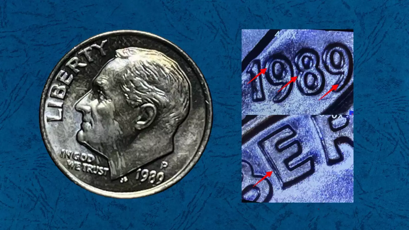 1989 dime doubled die obverse error showing doubled or shelved lettering on LIBERTY or IN GOD WE TRUST inscription under magnification