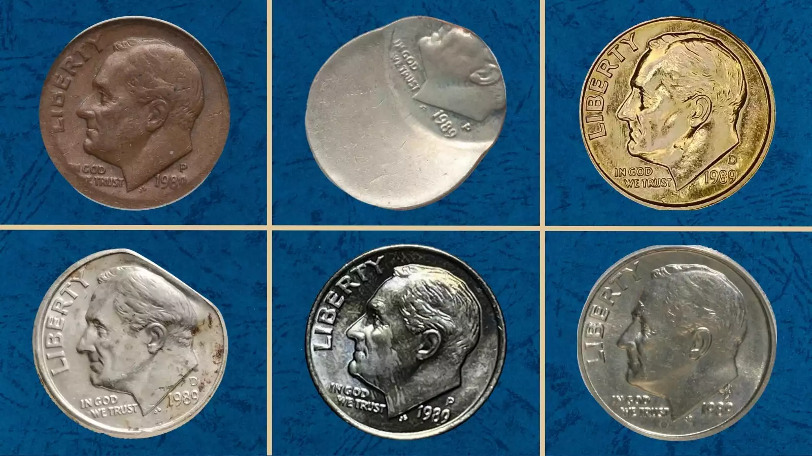 Group of 1989 Roosevelt dimes showing Philadelphia P, Denver D, and San Francisco S proof specimens side by side for comparison