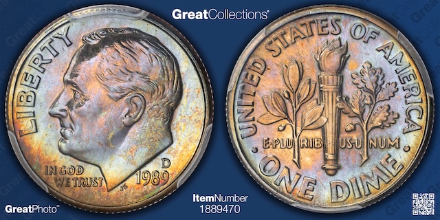 1989 Roosevelt dime grading strip showing four condition tiers from worn (G) to about uncirculated (AU) to mint state (MS) in a single row comparison